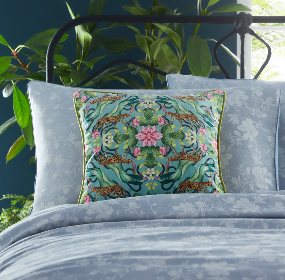 Menagerie Botanical Velvet Cushion By Wedgwood in Aqua Blue